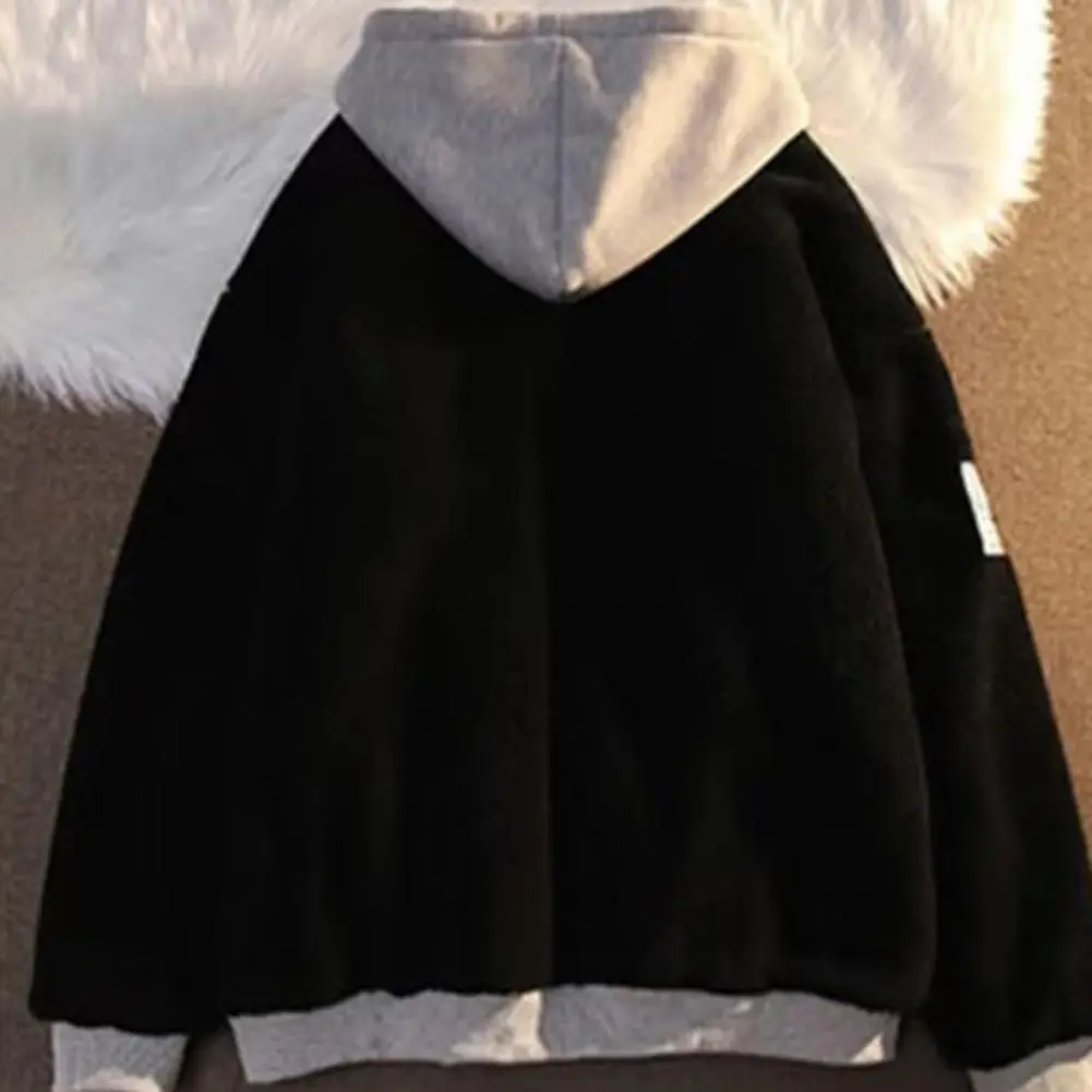 Imitation Lambswool Hoodie Thickened Hoodie Winter Hooded Sweatshirt Coat with Zipper Drawstring Pockets Colorblock for Couples