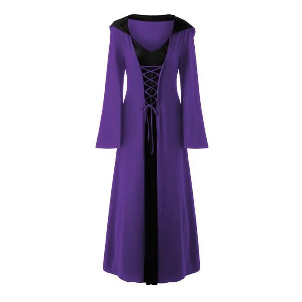 Women Halloween Dress Hooded Cape V-neck Lace-up Dress Masquerade Ball Gown Performance Dress Party Outfit Silhouette Dresses
