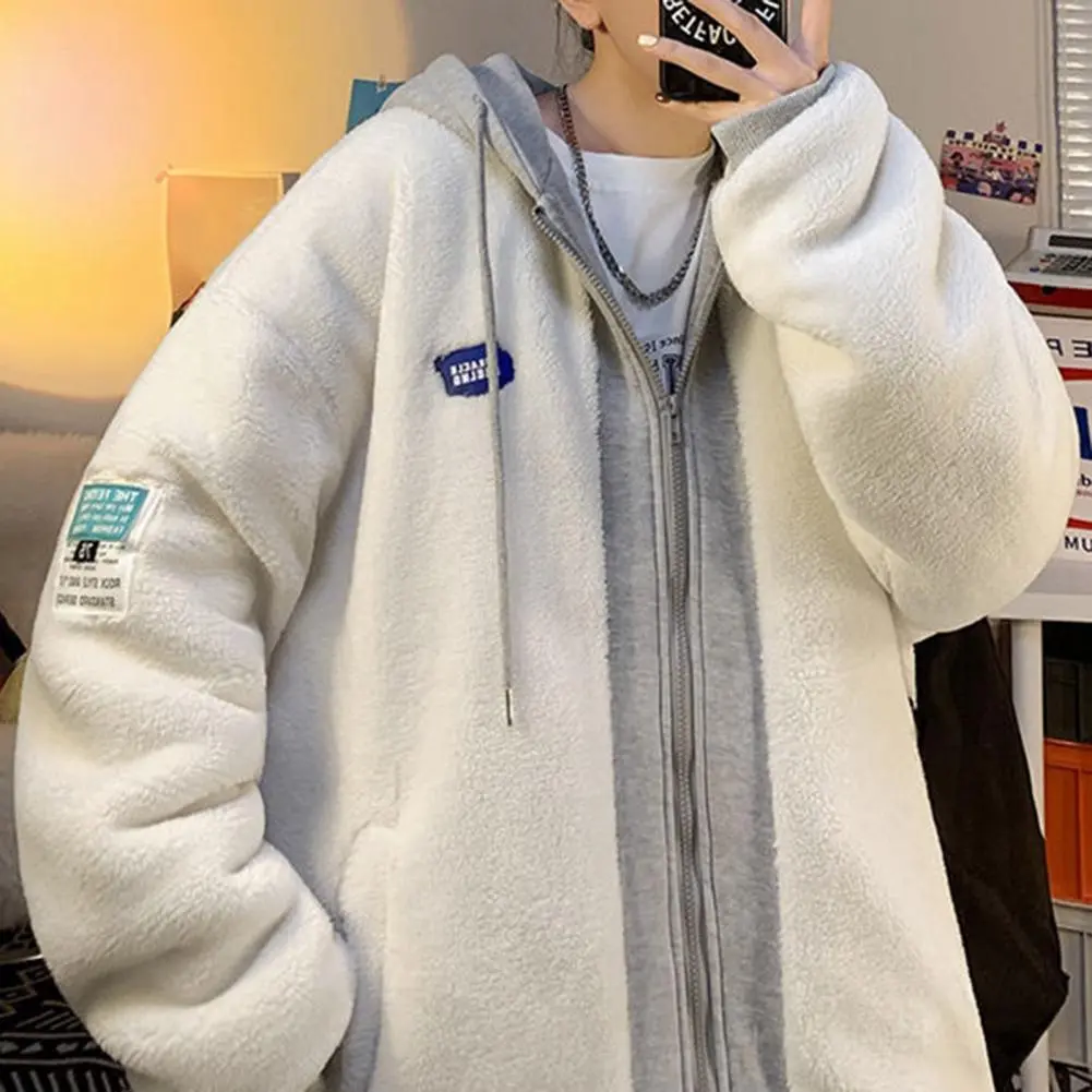 Imitation Lambswool Hoodie Thickened Hoodie Winter Hooded Sweatshirt Coat with Zipper Drawstring Pockets Colorblock for Couples