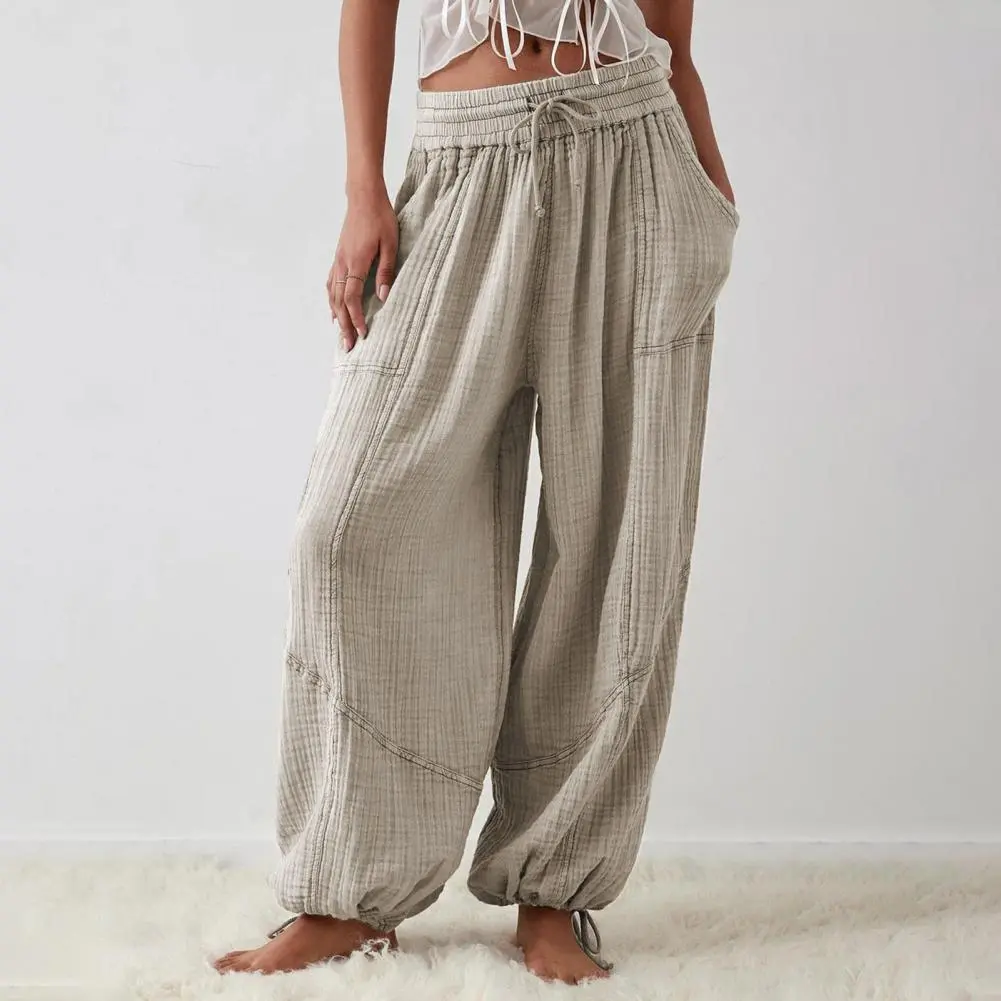 Women Wide Leg Pants  High Elastic Waist Drawstring Loose Deep Crotch Pleated Ankle-banded Casual Pants Soft Lady Trousers