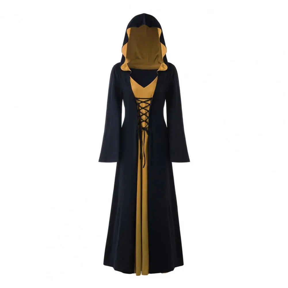 Women Halloween Dress Hooded Cape V-neck Lace-up Dress Masquerade Ball Gown Performance Dress Party Outfit Silhouette Dresses