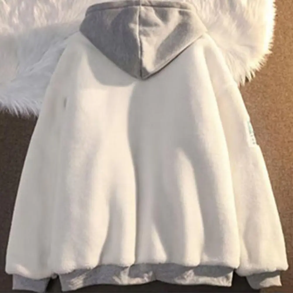 Imitation Lambswool Hoodie Thickened Hoodie Winter Hooded Sweatshirt Coat with Zipper Drawstring Pockets Colorblock for Couples