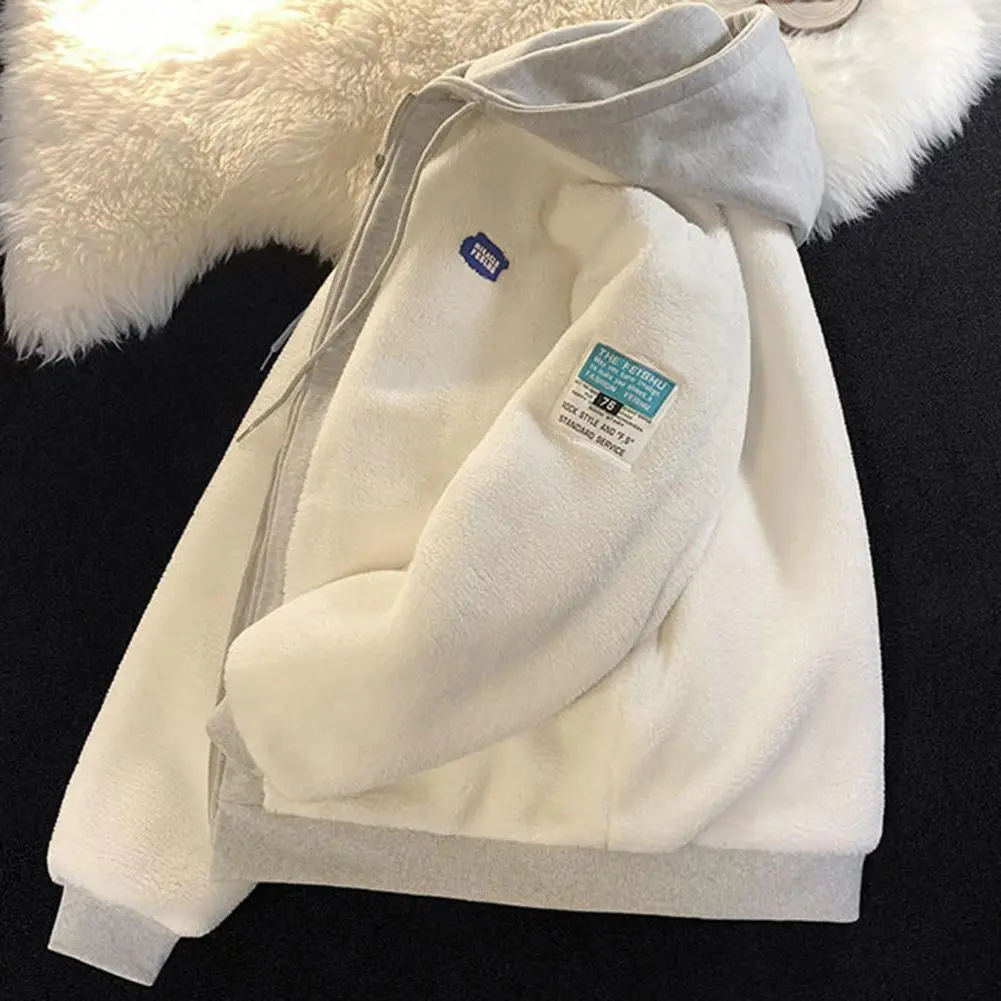 Imitation Lambswool Hoodie Thickened Hoodie Winter Hooded Sweatshirt Coat with Zipper Drawstring Pockets Colorblock for Couples