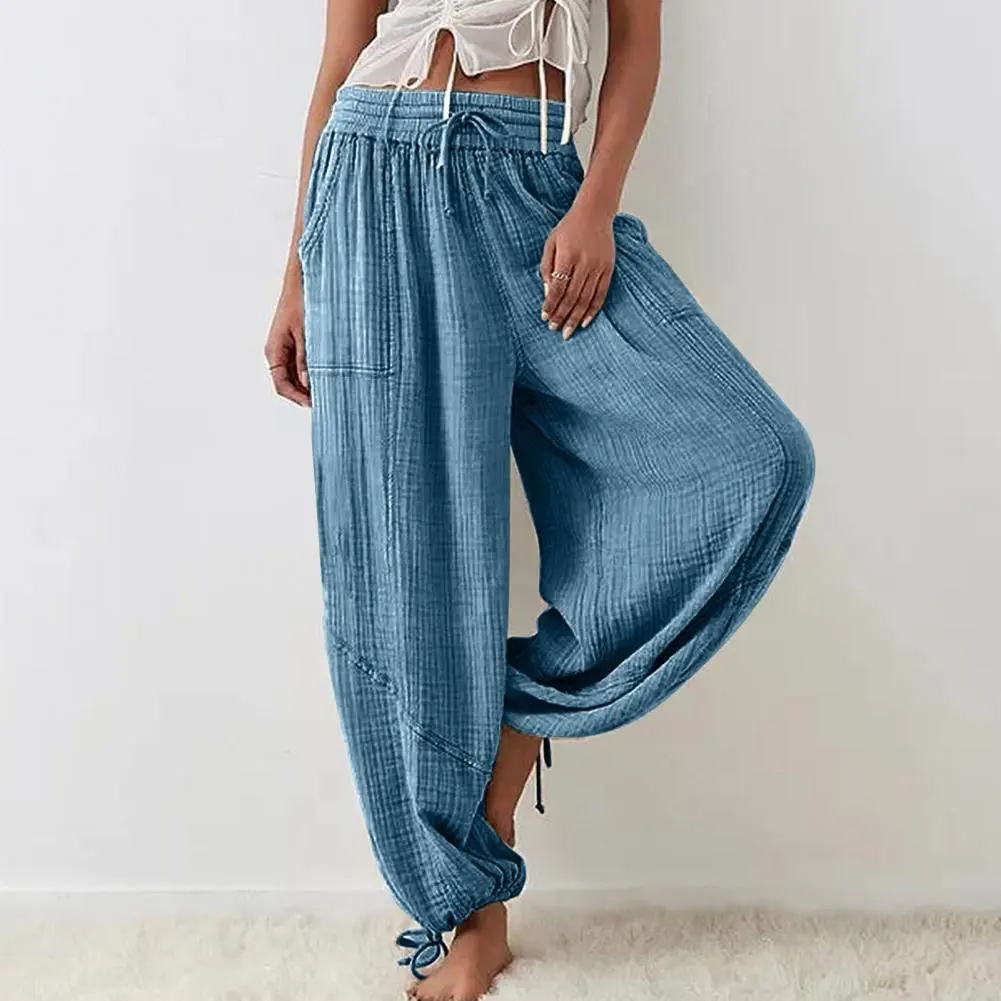 Women Wide Leg Pants  High Elastic Waist Drawstring Loose Deep Crotch Pleated Ankle-banded Casual Pants Soft Lady Trousers
