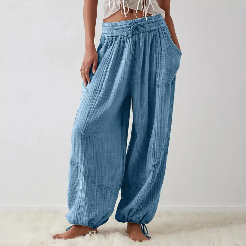 Women Wide Leg Pants  High Elastic Waist Drawstring Loose Deep Crotch Pleated Ankle-banded Casual Pants Soft Lady Trousers