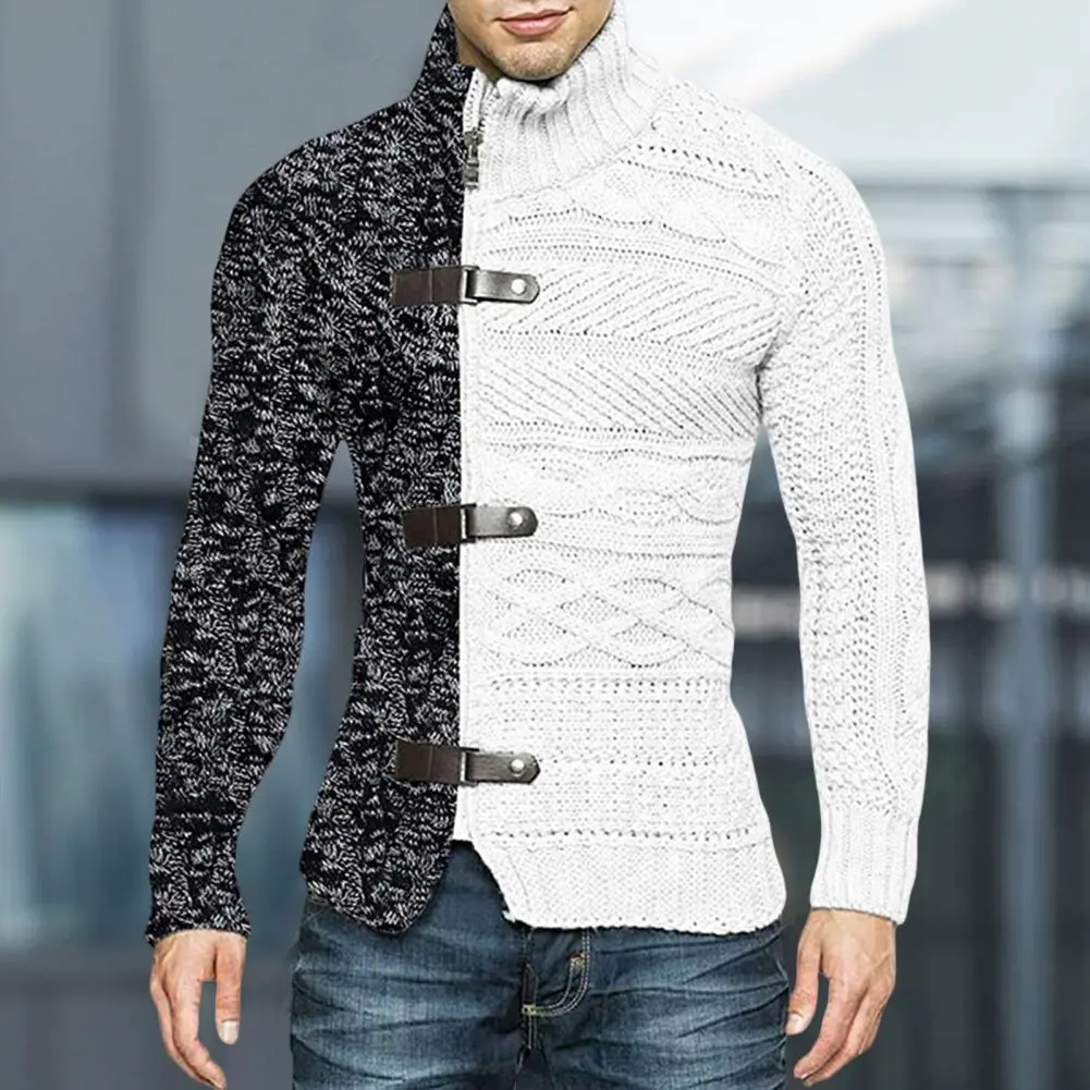 2025 Men Winter Sweater Coat Color Matching Asymmetric Long Sleeves High Collar Warm Knitted Neck Protection Autumn Sweater