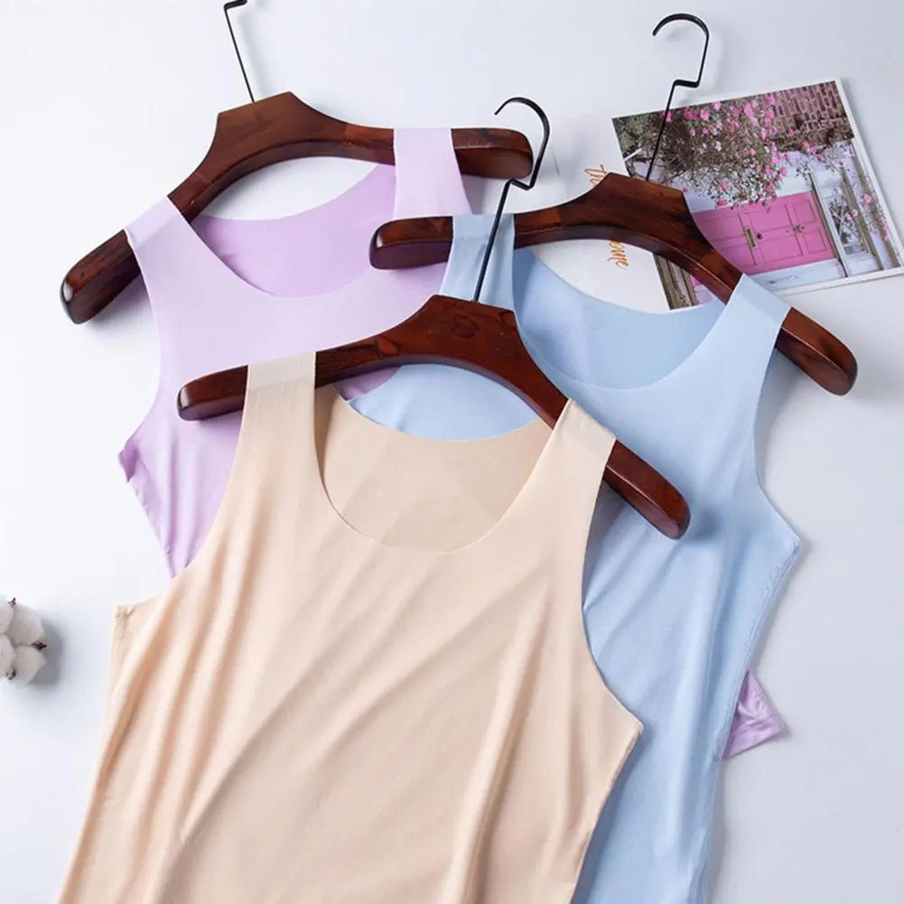 Women Bottoming Vest Ice Silk Seamless Sleeveless Stretchy Round Neck Dry Dry Cooling Camisole Summer Tank Tops Lady Basic Top