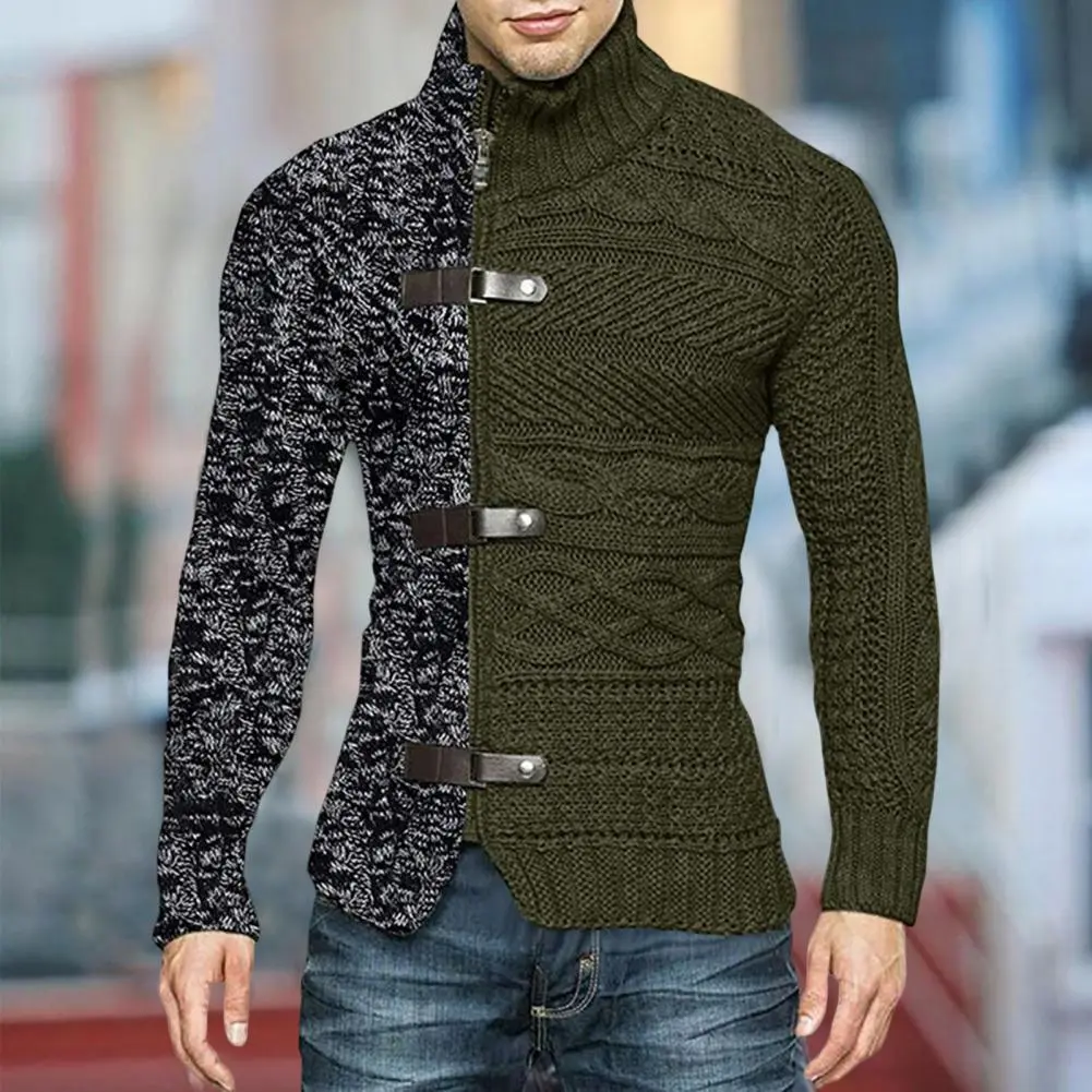 2025 Men Winter Sweater Coat Color Matching Asymmetric Long Sleeves High Collar Warm Knitted Neck Protection Autumn Sweater