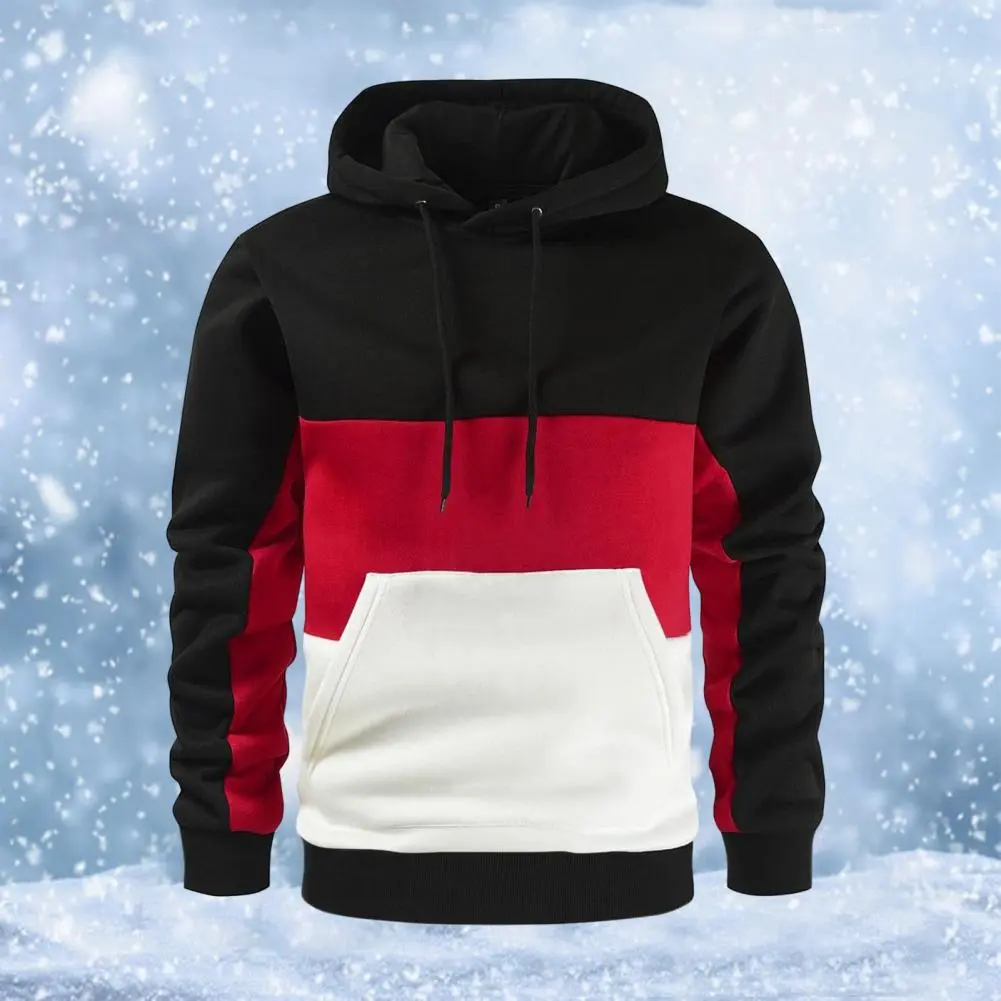Breathable Sweatshirt Polyester Sweatshirt Stylish Men's Winter Hooded Sweater Color Block Design Warm Comfortable for Autumn