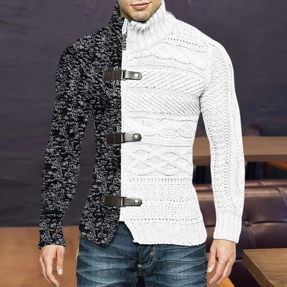2025 Men Winter Sweater Coat Color Matching Asymmetric Long Sleeves High Collar Warm Knitted Neck Protection Autumn Sweater