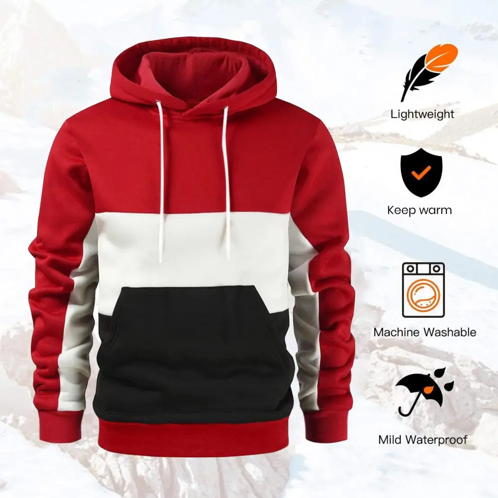 Breathable Sweatshirt Polyester Sweatshirt Stylish Men's Winter Hooded Sweater Color Block Design Warm Comfortable for Autumn