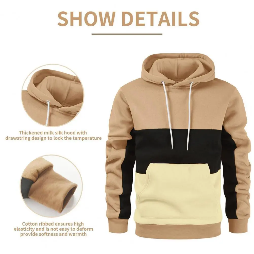 Breathable Sweatshirt Polyester Sweatshirt Stylish Men's Winter Hooded Sweater Color Block Design Warm Comfortable for Autumn
