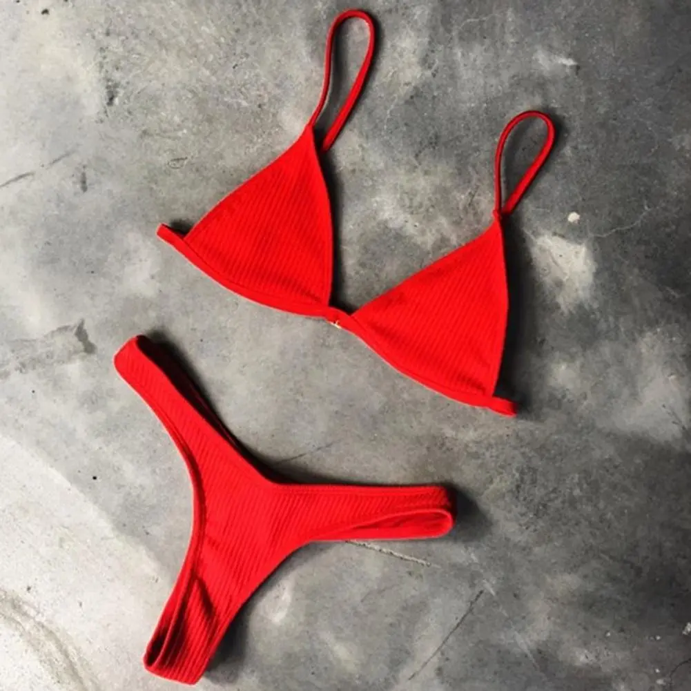 2025 Women Bikini Set Backless Spaghetti Strap Lady Swimwear Deep V Neck Padded Quick Dry Swimming Three-point G-string Swimwear