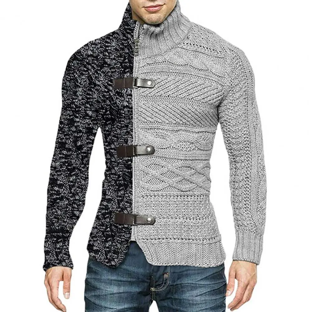2025 Men Winter Sweater Coat Color Matching Asymmetric Long Sleeves High Collar Warm Knitted Neck Protection Autumn Sweater