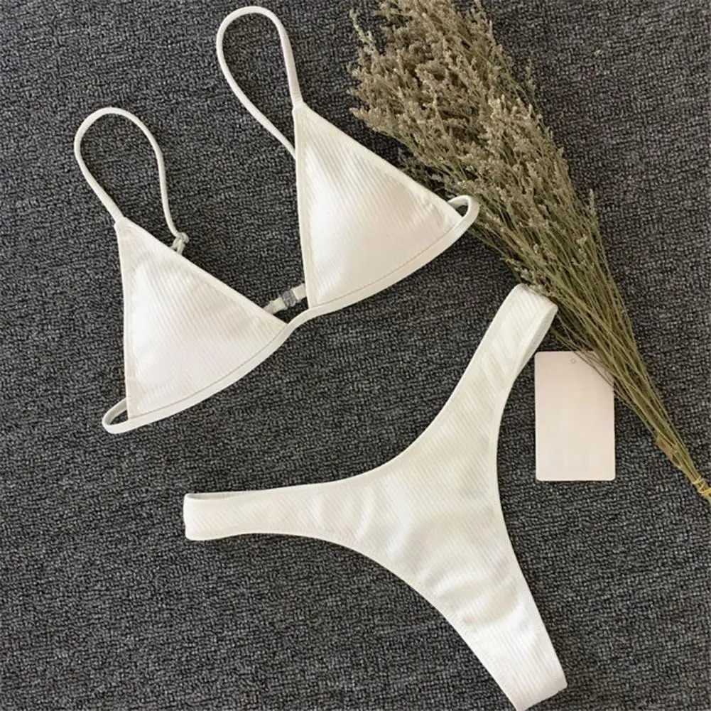 2025 Women Bikini Set Backless Spaghetti Strap Lady Swimwear Deep V Neck Padded Quick Dry Swimming Three-point G-string Swimwear