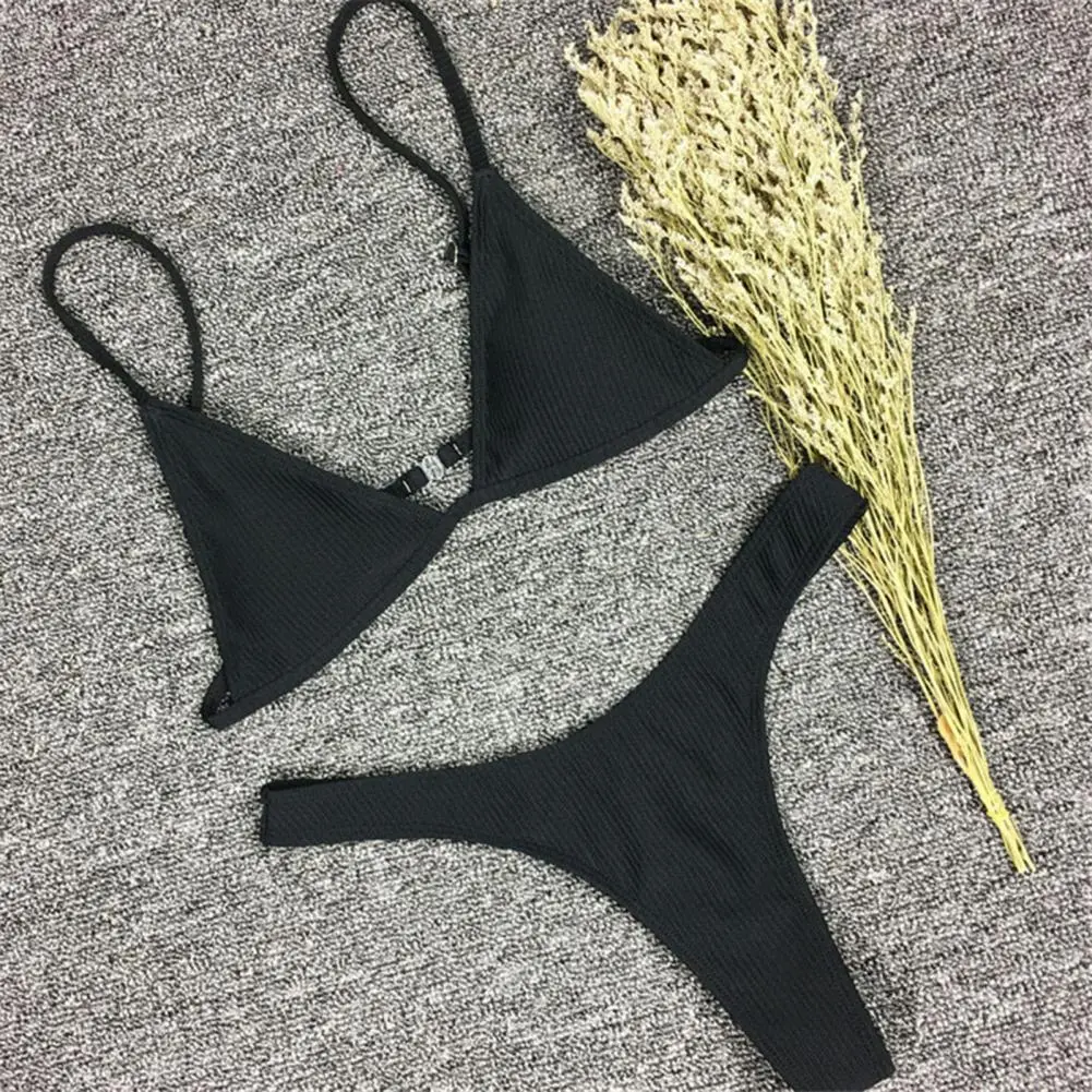 2025 Women Bikini Set Backless Spaghetti Strap Lady Swimwear Deep V Neck Padded Quick Dry Swimming Three-point G-string Swimwear