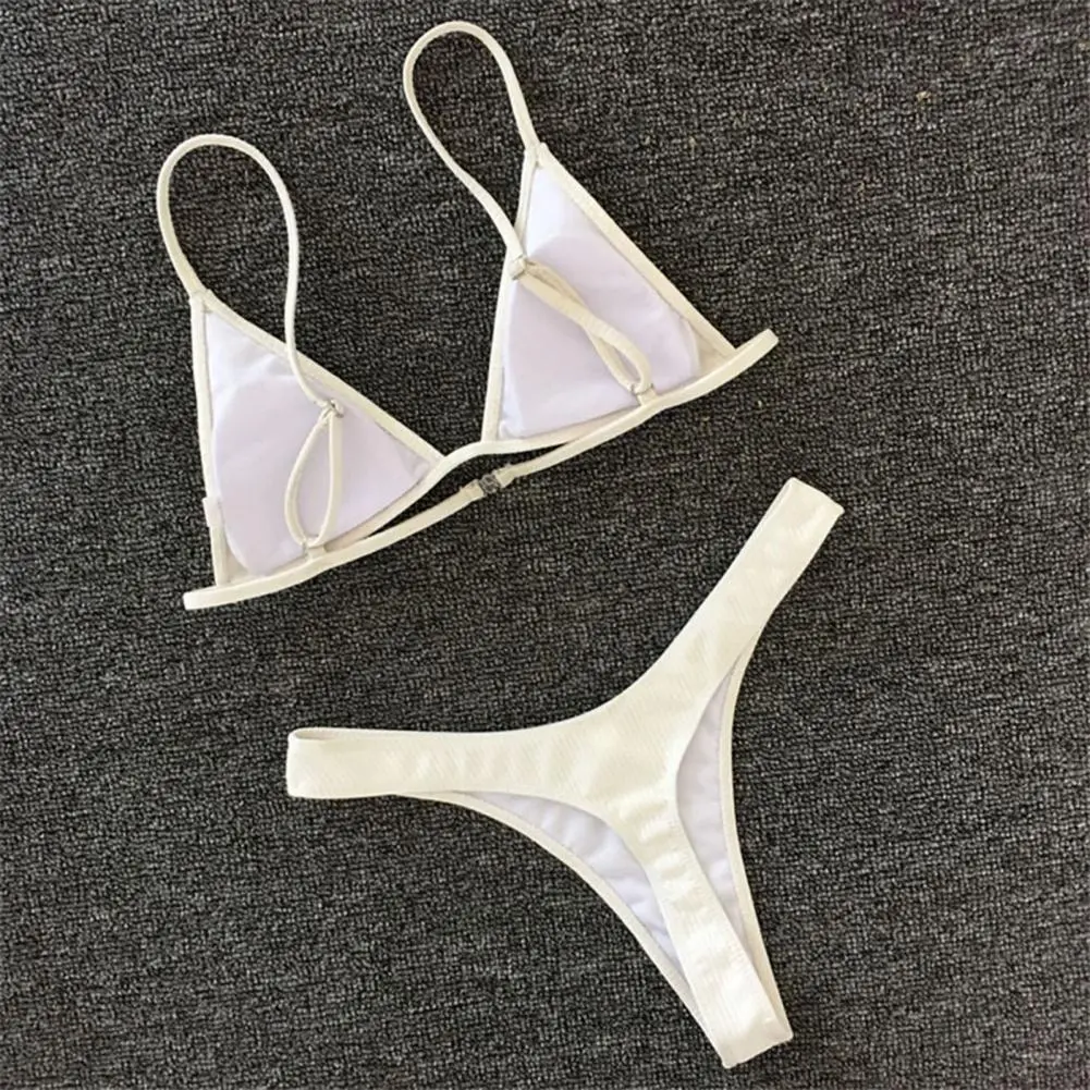2025 Women Bikini Set Backless Spaghetti Strap Lady Swimwear Deep V Neck Padded Quick Dry Swimming Three-point G-string Swimwear