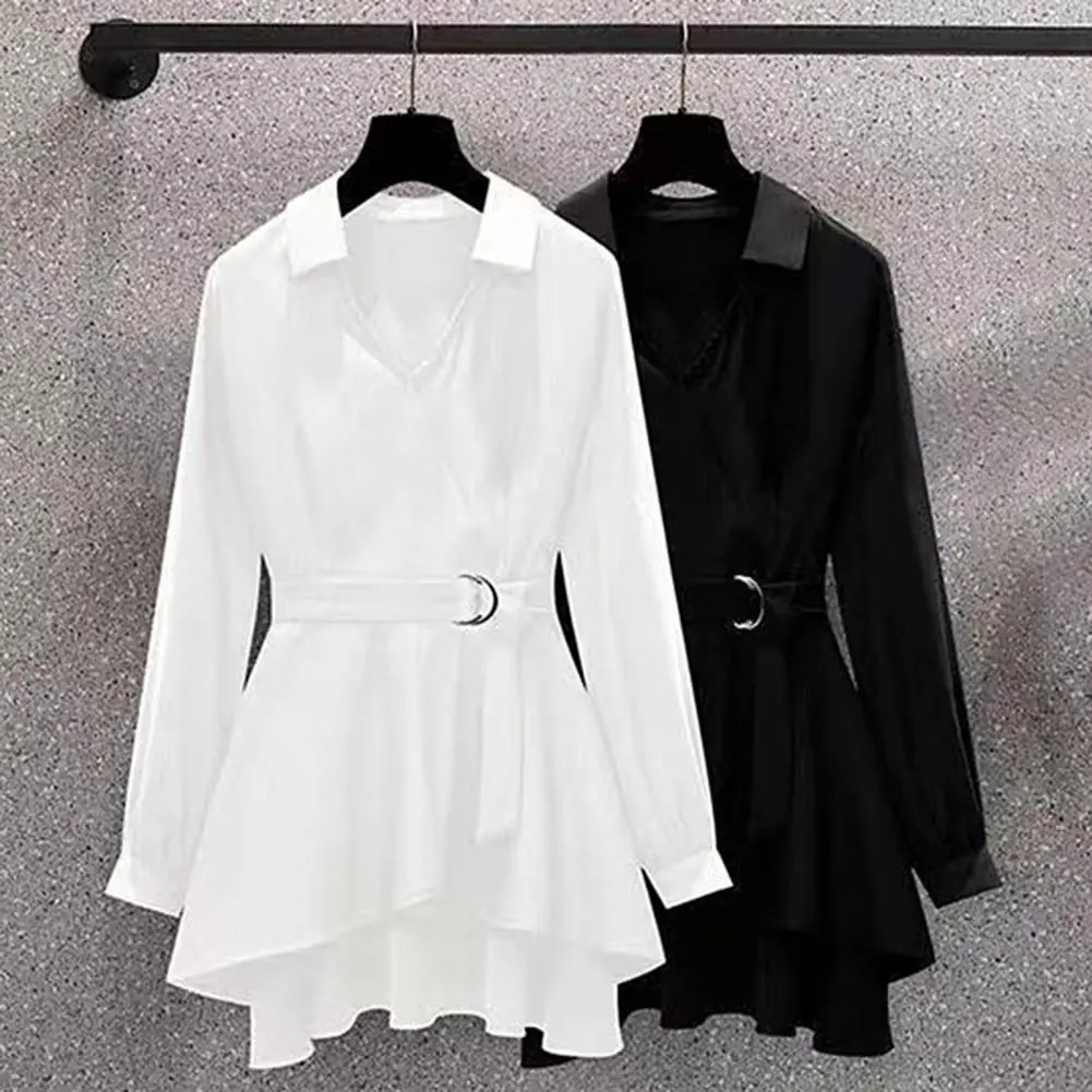 2025 Women Shirt Lapel V Neck Long Sleeves Irregular Hem Plus Size Women Shirt Waist Tight Belt Shirt Office Lady Blouse
