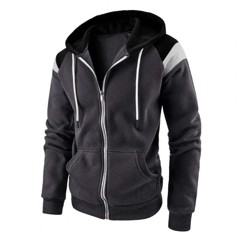 Plush Men Hoodie Coat Autumn Winter Contrast Colors Hooded Sports Sweatshirt Drawstring Cardigan Spring Hoodie Bombers Jackets