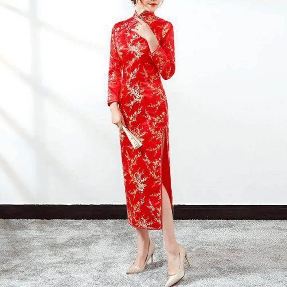 Slim Fit Cheongsam Dress Women Cheongsam Dress Elegant Chinese Style Women's Cheongsam Classic Long Slit Dress for Weddings