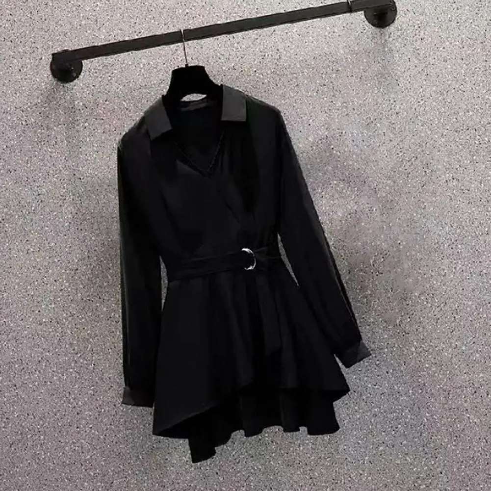 2025 Women Shirt Lapel V Neck Long Sleeves Irregular Hem Plus Size Women Shirt Waist Tight Belt Shirt Office Lady Blouse