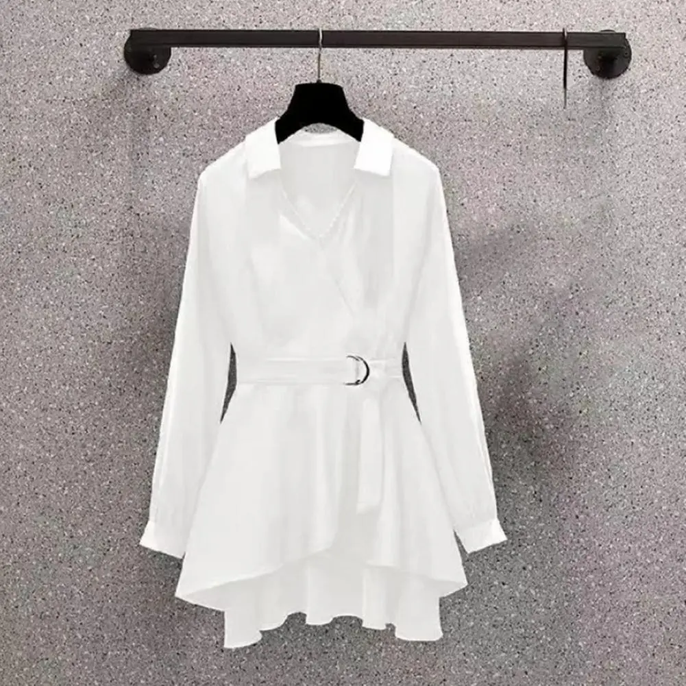 2025 Women Shirt Lapel V Neck Long Sleeves Irregular Hem Plus Size Women Shirt Waist Tight Belt Shirt Office Lady Blouse