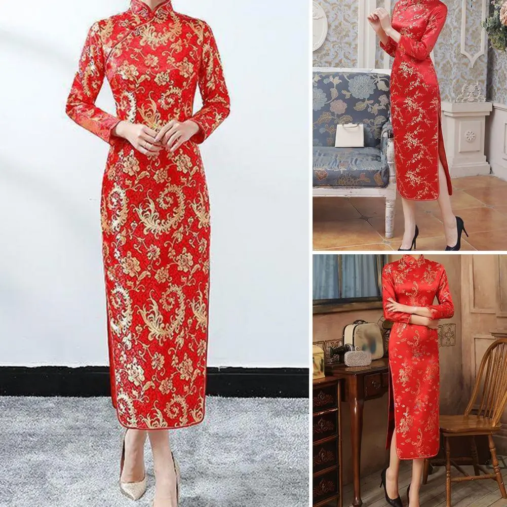 Slim Fit Cheongsam Dress Women Cheongsam Dress Elegant Chinese Style Women's Cheongsam Classic Long Slit Dress for Weddings