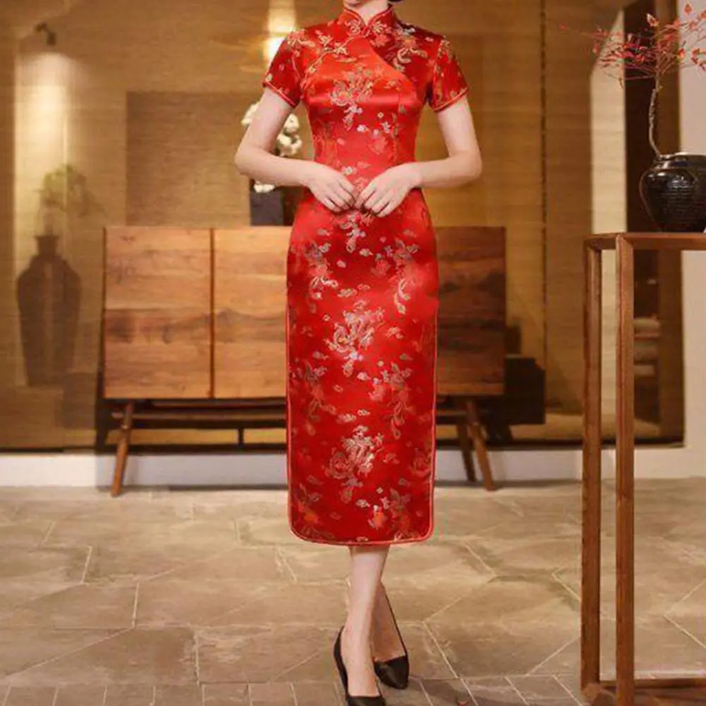 Slim Fit Cheongsam Dress Women Cheongsam Dress Elegant Chinese Style Women's Cheongsam Classic Long Slit Dress for Weddings