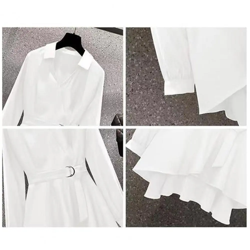 2025 Women Shirt Lapel V Neck Long Sleeves Irregular Hem Plus Size Women Shirt Waist Tight Belt Shirt Office Lady Blouse