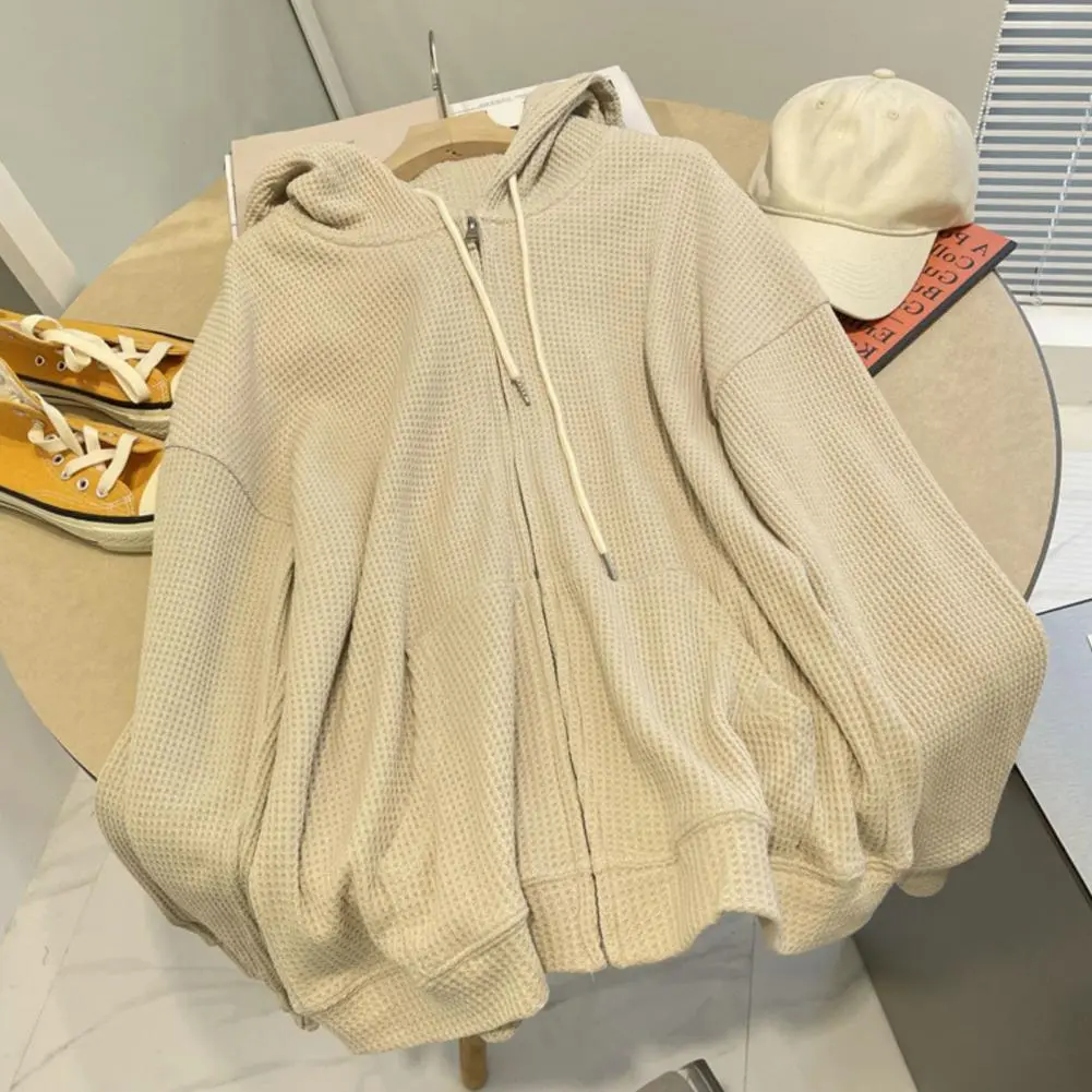 Waffle Hoodie Loose And Simple Zipper Cardigan Jacket Drawstring Sweatshirt Zipper Placket Waffle Texture Casual Sweatshirt