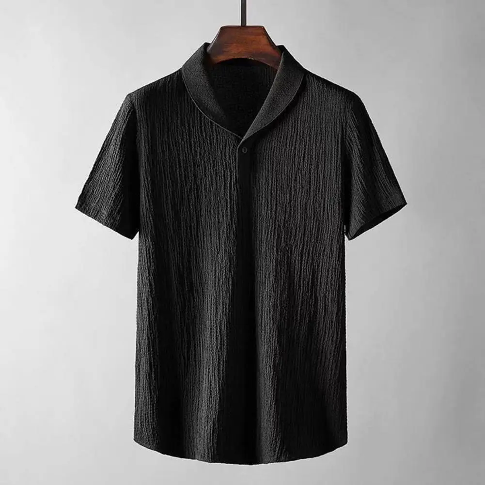 Pleated Texture Men Shirt Pants Set Turn-down Collar Short Sleeve Shirt Drawstring Long Pants Set Male Casual Shirt Trousers Set