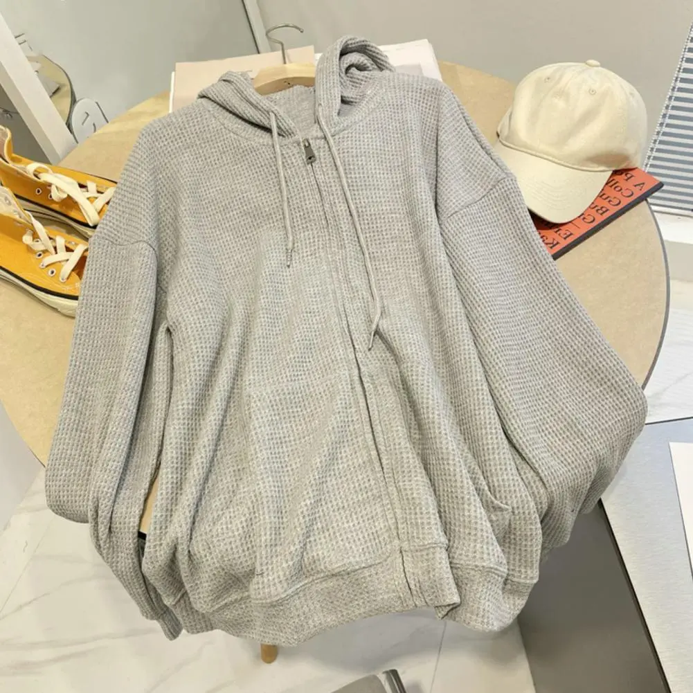 Waffle Hoodie Loose And Simple Zipper Cardigan Jacket Drawstring Sweatshirt Zipper Placket Waffle Texture Casual Sweatshirt
