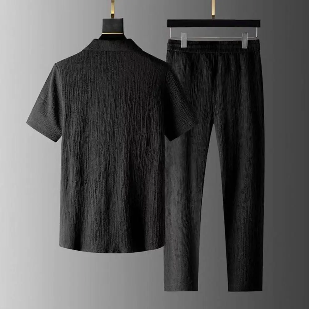 Pleated Texture Men Shirt Pants Set Turn-down Collar Short Sleeve Shirt Drawstring Long Pants Set Male Casual Shirt Trousers Set