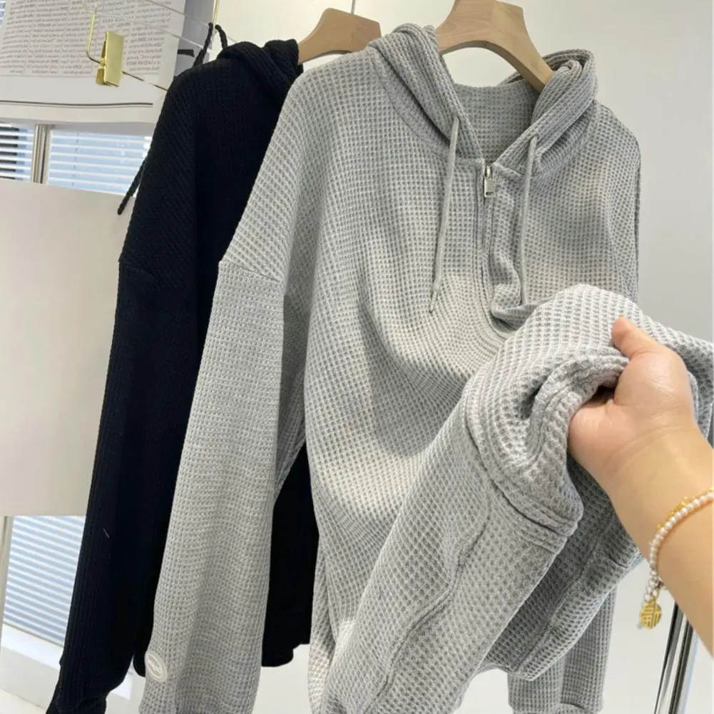 Waffle Hoodie Loose And Simple Zipper Cardigan Jacket Drawstring Sweatshirt Zipper Placket Waffle Texture Casual Sweatshirt