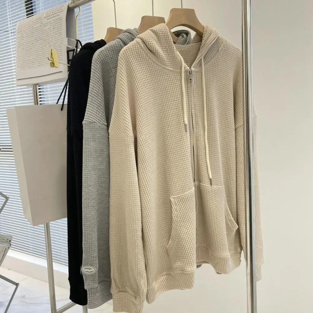 Waffle Hoodie Loose And Simple Zipper Cardigan Jacket Drawstring Sweatshirt Zipper Placket Waffle Texture Casual Sweatshirt