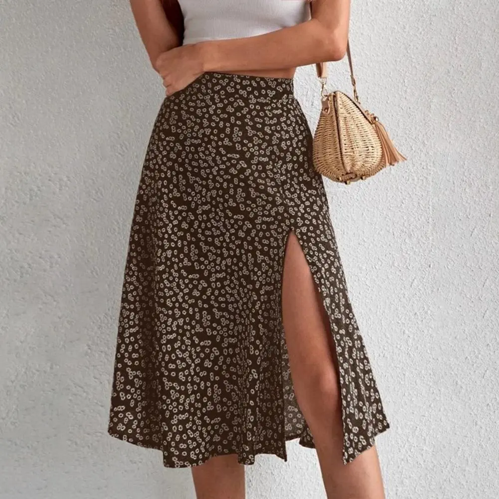 2025 Women Summer Skirt Slit A-line Floral Print High Waist Loose Lady Midi Skirt Breathable Lady Summer Elegant Lady Midi Skirt
