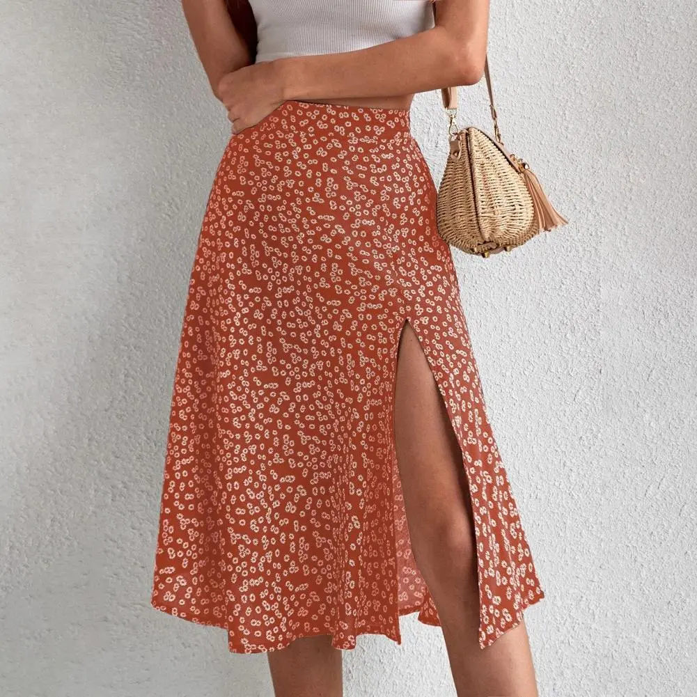 2025 Women Summer Skirt Slit A-line Floral Print High Waist Loose Lady Midi Skirt Breathable Lady Summer Elegant Lady Midi Skirt