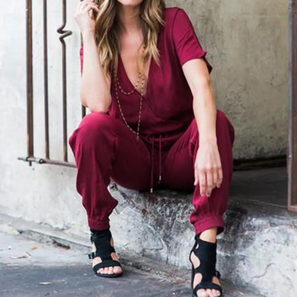 Women Romper Solid Color Deep V Neck Short Sleeves Drawstring Elastic Waist Elastic Waist Summer Long Pants Lady Jumpsuit