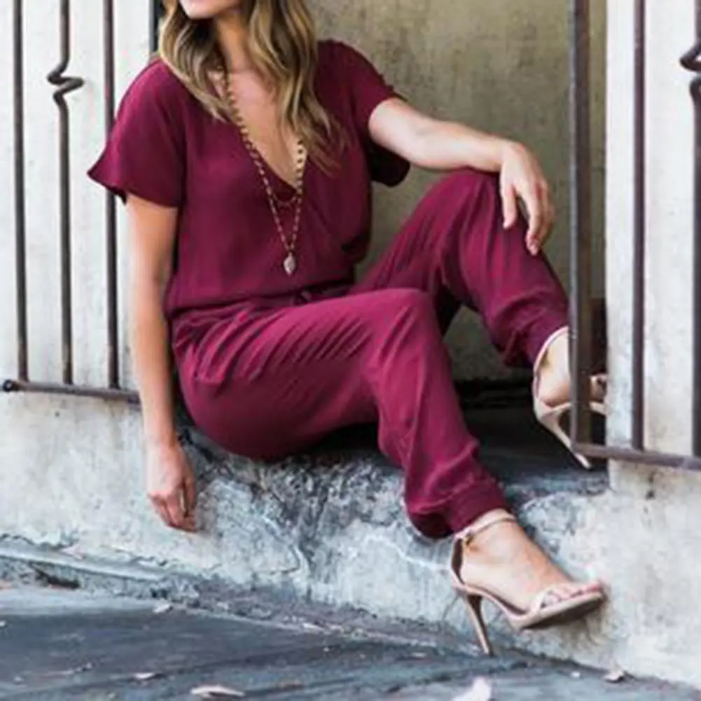 Women Romper Solid Color Deep V Neck Short Sleeves Drawstring Elastic Waist Elastic Waist Summer Long Pants Lady Jumpsuit