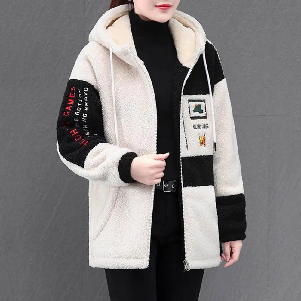2025 Women Fall Winter Jacket Hooded Colorblock Thick Plush Letter Embroidery Drawstring Zipper Cosure Cardigan Mid Length Coat