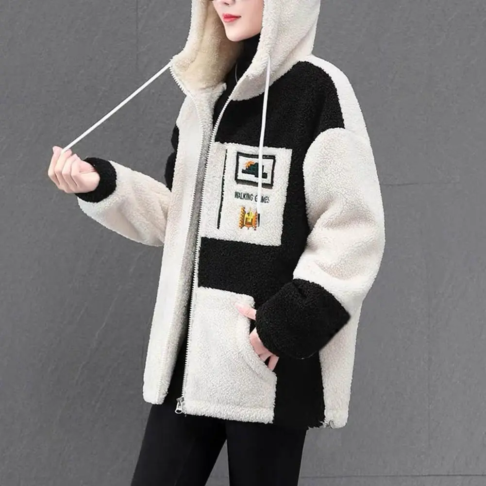 2025 Women Fall Winter Jacket Hooded Colorblock Thick Plush Letter Embroidery Drawstring Zipper Cosure Cardigan Mid Length Coat