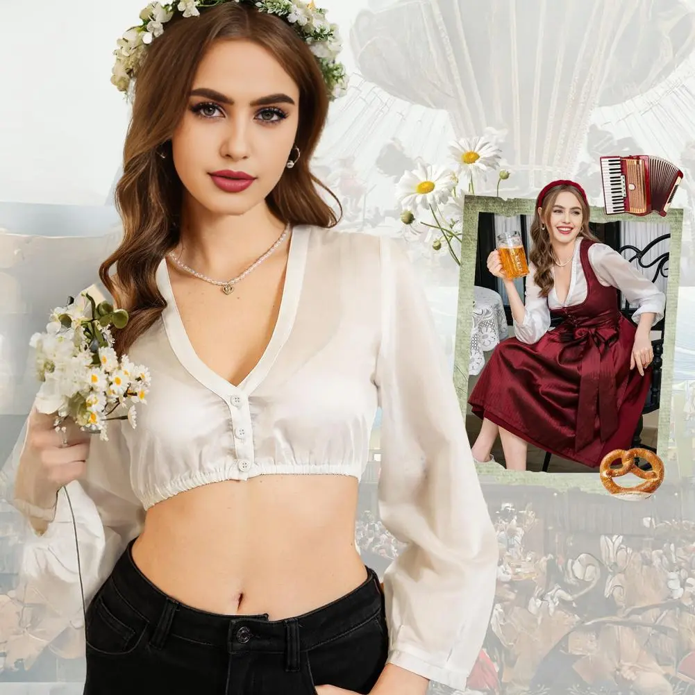 Women Beer Shirt Traditional Oktoberfest Long Sleeve V-Neck Crop Tops Hollow Out Bavarian Oktoberfest Sexy Short Beer Shirt