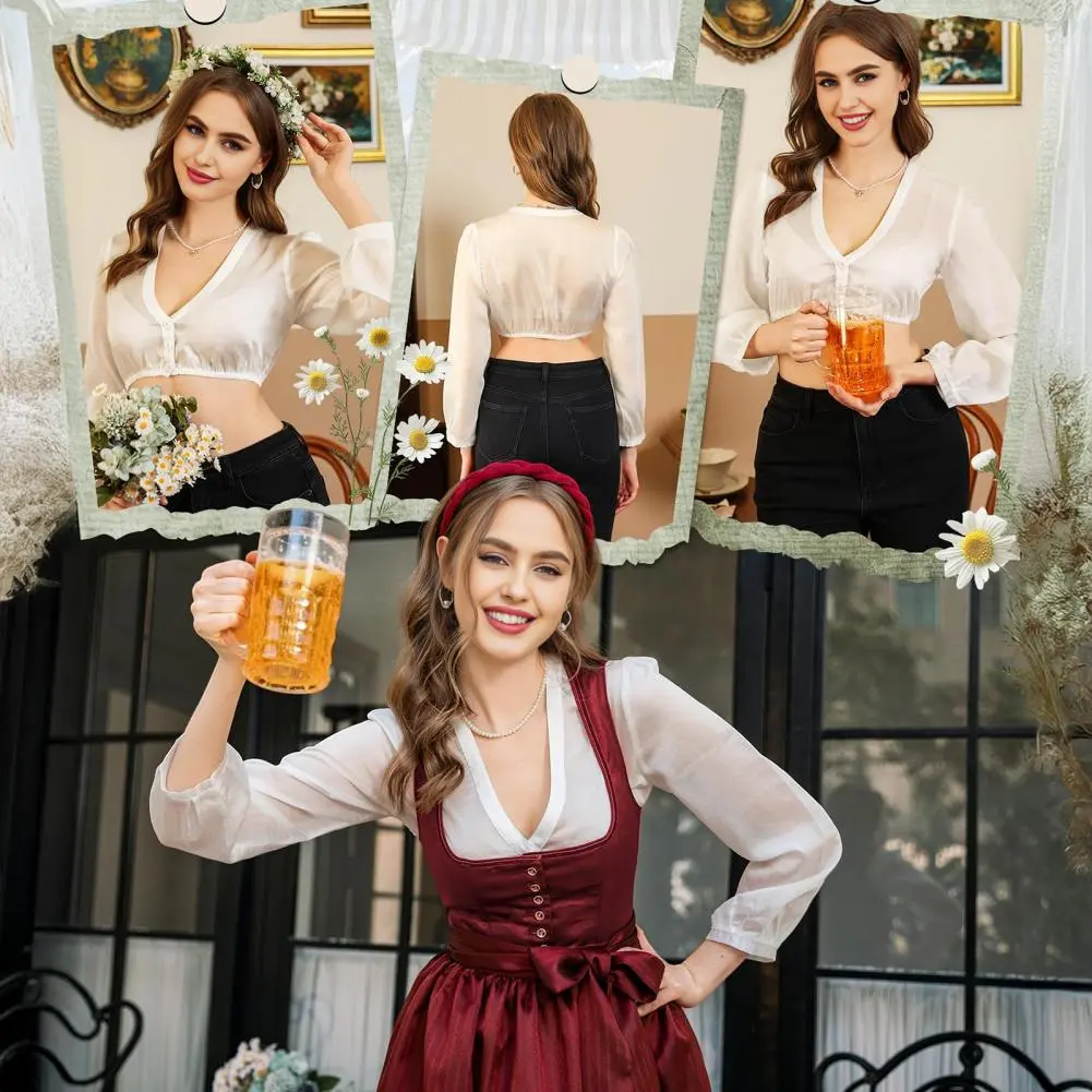 Women Beer Shirt Traditional Oktoberfest Long Sleeve V-Neck Crop Tops Hollow Out Bavarian Oktoberfest Sexy Short Beer Shirt