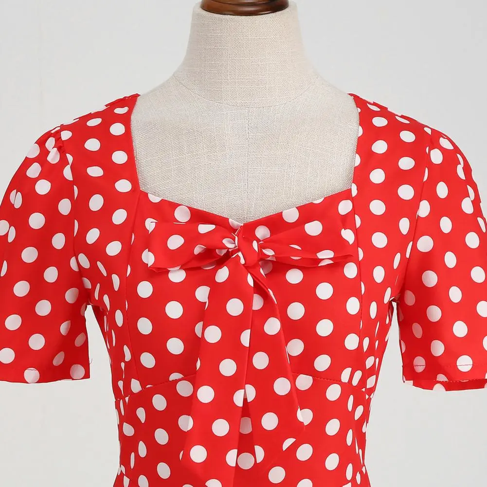Women Polka Dot Mini Dress Elegant Sweet Style Dot Print Square Neck Bow on Chest Party Dress Slim Dress Women Summer Dress