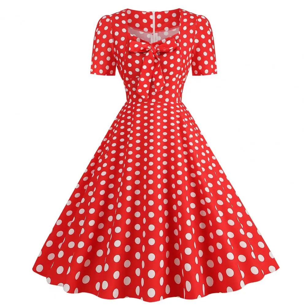 Women Polka Dot Mini Dress Elegant Sweet Style Dot Print Square Neck Bow on Chest Party Dress Slim Dress Women Summer Dress