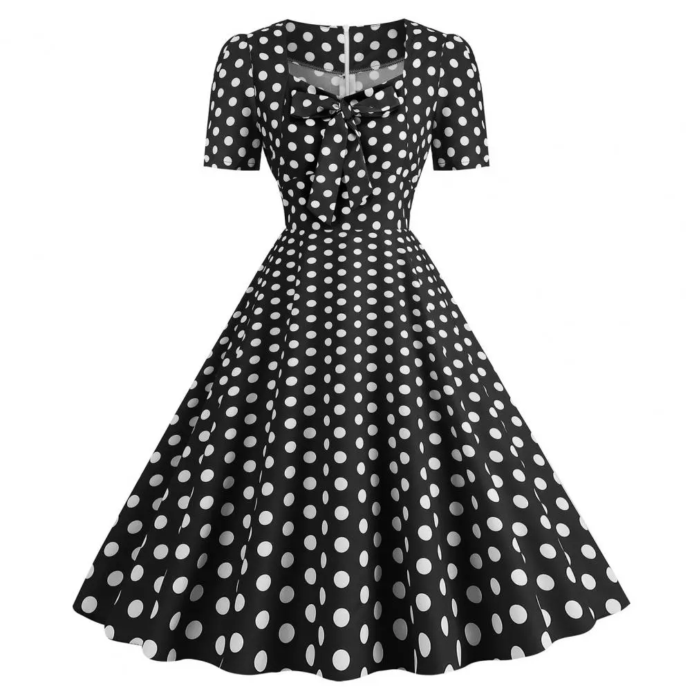 Women Polka Dot Mini Dress Elegant Sweet Style Dot Print Square Neck Bow on Chest Party Dress Slim Dress Women Summer Dress