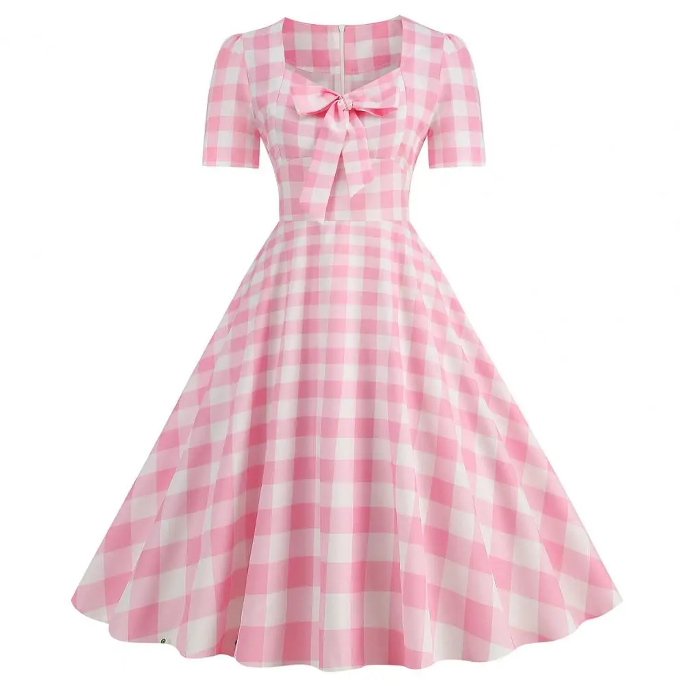 Women Polka Dot Mini Dress Elegant Sweet Style Dot Print Square Neck Bow on Chest Party Dress Slim Dress Women Summer Dress