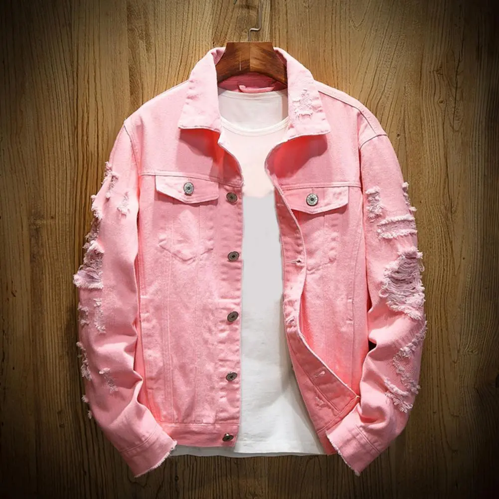 Ripped Hole Solid Color Jean Jacket Male Denim Jacket Korean Style Loose Single Breasted Denim Jacket Pure Color Men Coat