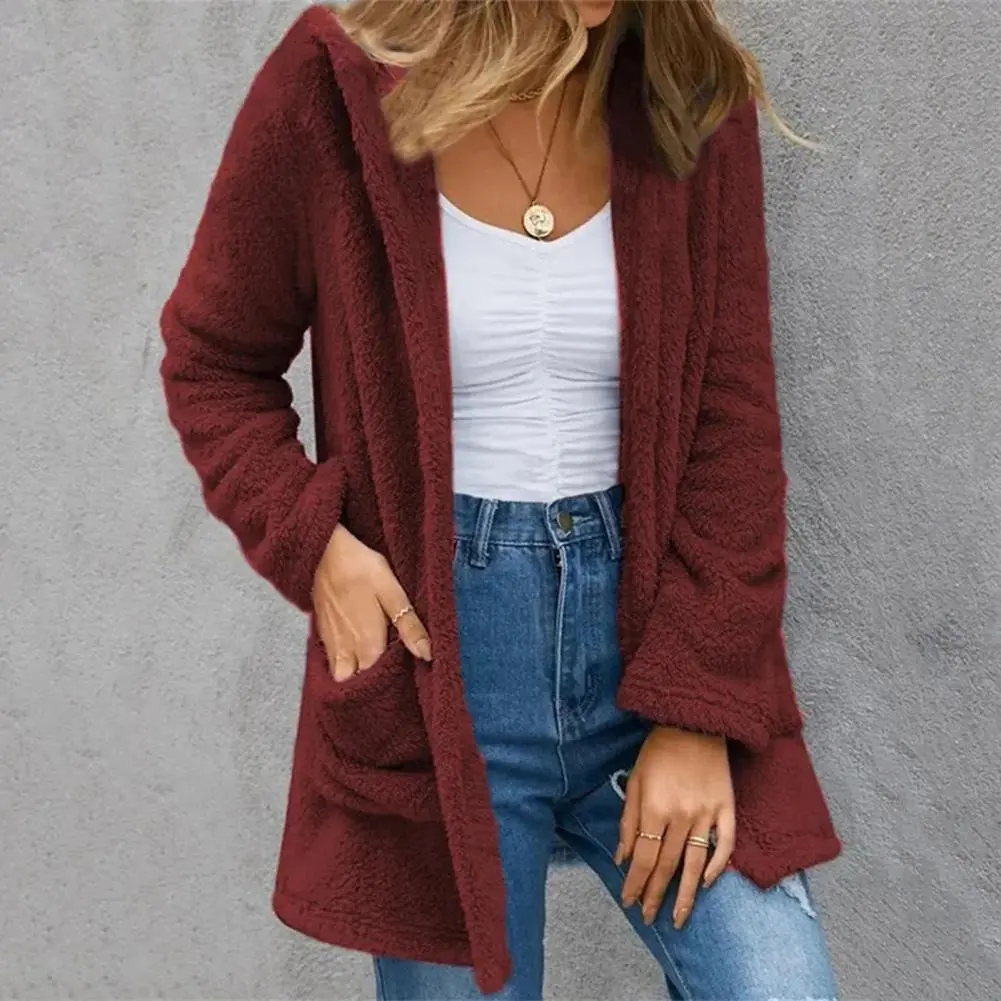Women Loose Fit Coat Thick Plush Open Stitch Long Sleeve Pockets Casual Mid Length Spring Autumn Coat Long Sleeves JacketCasual