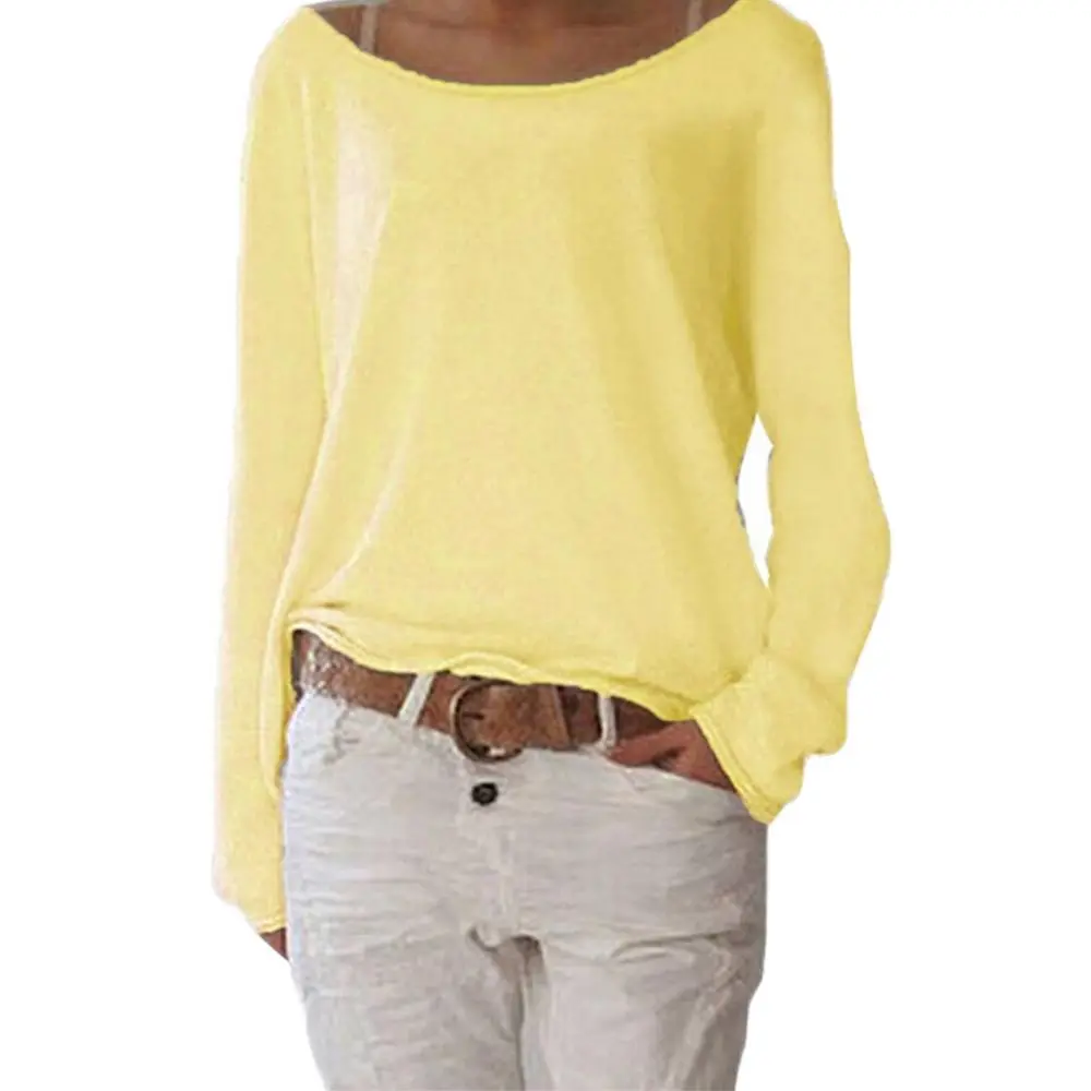 Women Knitted T-shirt Solid Color Round Neck Long Sleeved Knitted Bottoming Top Thin Spring Summer Sweater Casual Loose Blouse